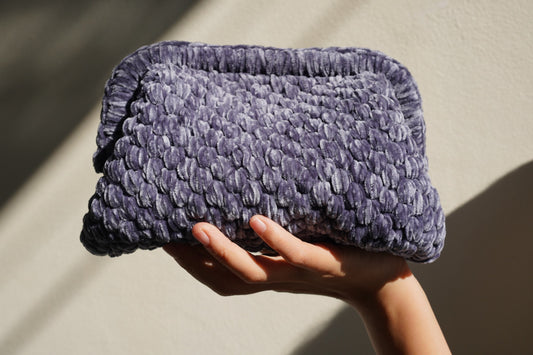 Handmade Velvet Crochet Clutch – Denim Blue Elegant Evening Bag | Aunty Woven