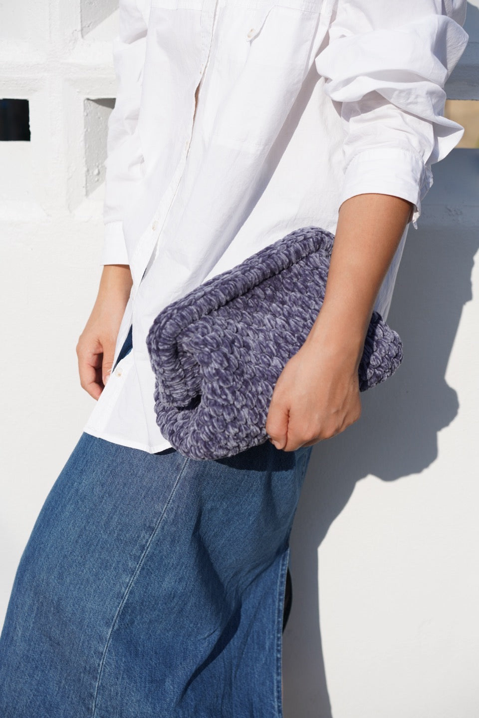 Handmade Velvet Crochet Clutch – Denim Blue Elegant Evening Bag | Aunty Woven