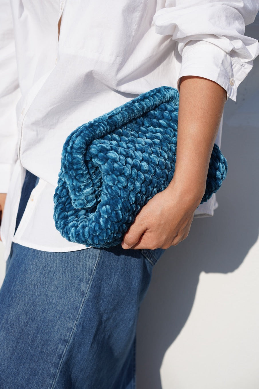 Handmade Velvet Crochet Clutch – Lake Blue Elegant Evening Bag | Aunty Woven