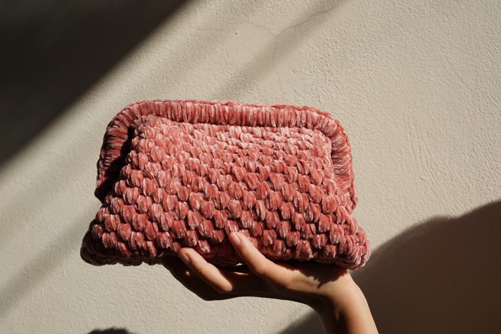 Handmade Velvet Crochet Clutch – Vintage Pink Elegant Evening Bag | Aunty Woven