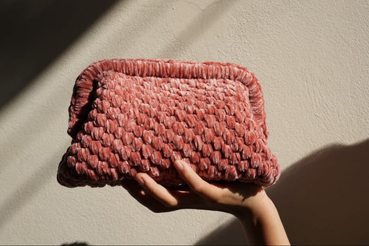 Handmade Velvet Crochet Clutch – Vintage Pink Elegant Evening Bag | Aunty Woven