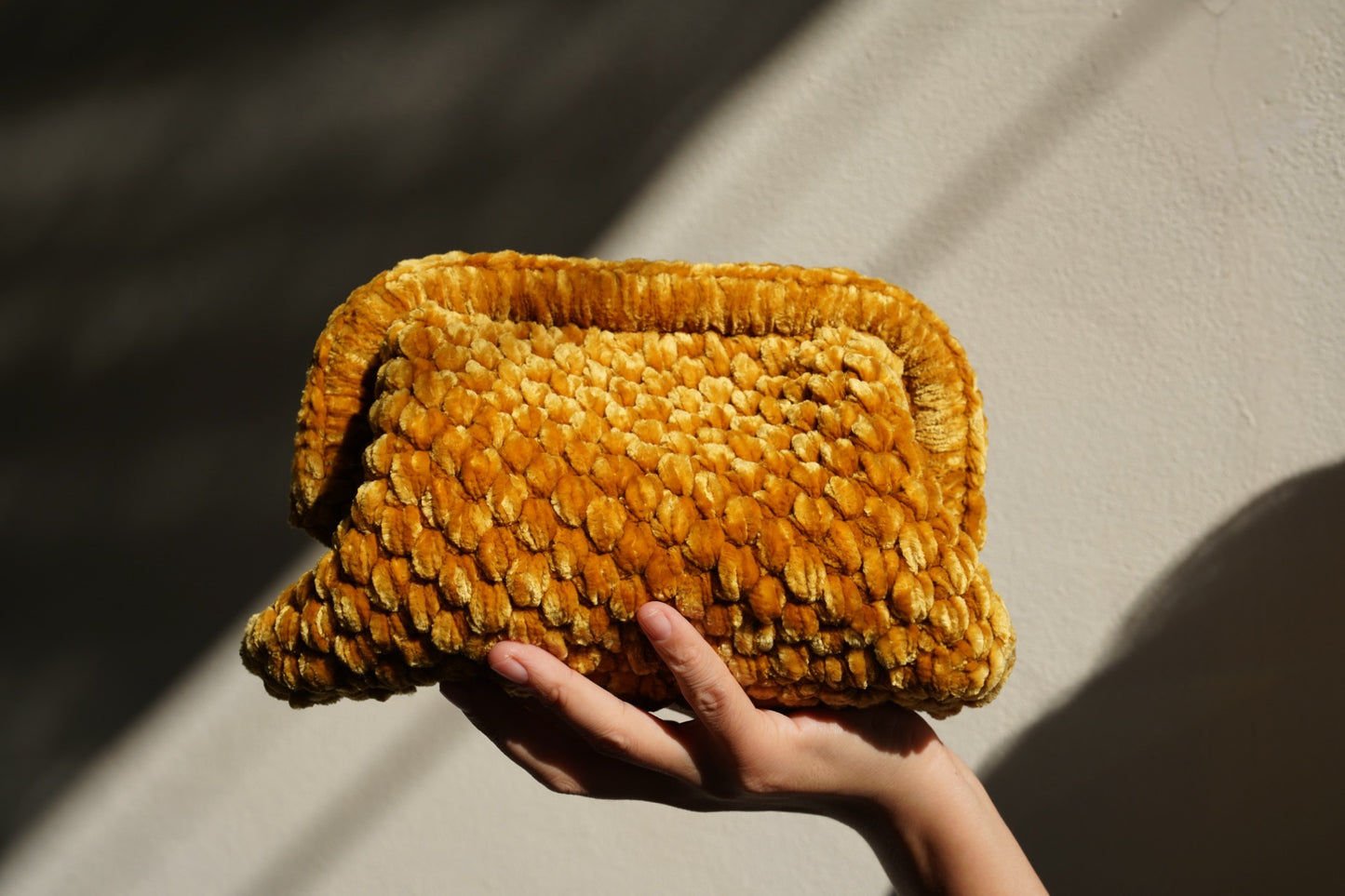 Handmade Velvet Crochet Clutch – Vintage Yellow Elegant Evening Bag | Aunty Woven
