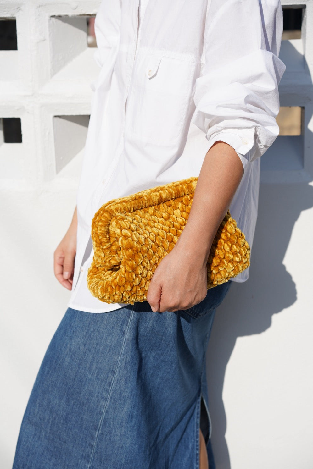 Handmade Velvet Crochet Clutch – Vintage Yellow Elegant Evening Bag | Aunty Woven