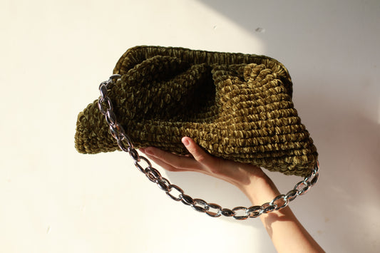 Handmade Velvet Cloud Crochet Clutch – Army Green Elegant Evening Bag | Aunty Woven