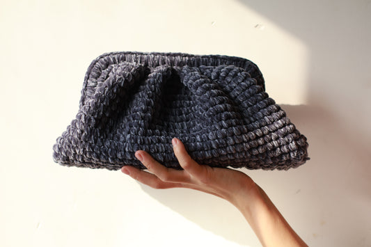 Handmade Velvet Cloud Crochet Clutch – Grey Blue Elegant Evening Bag | Aunty Woven