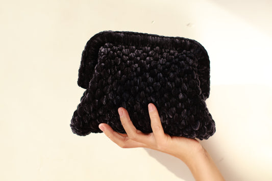 Handmade Velvet Crochet Clutch – Dark Elegant Evening Bag | Aunty Woven