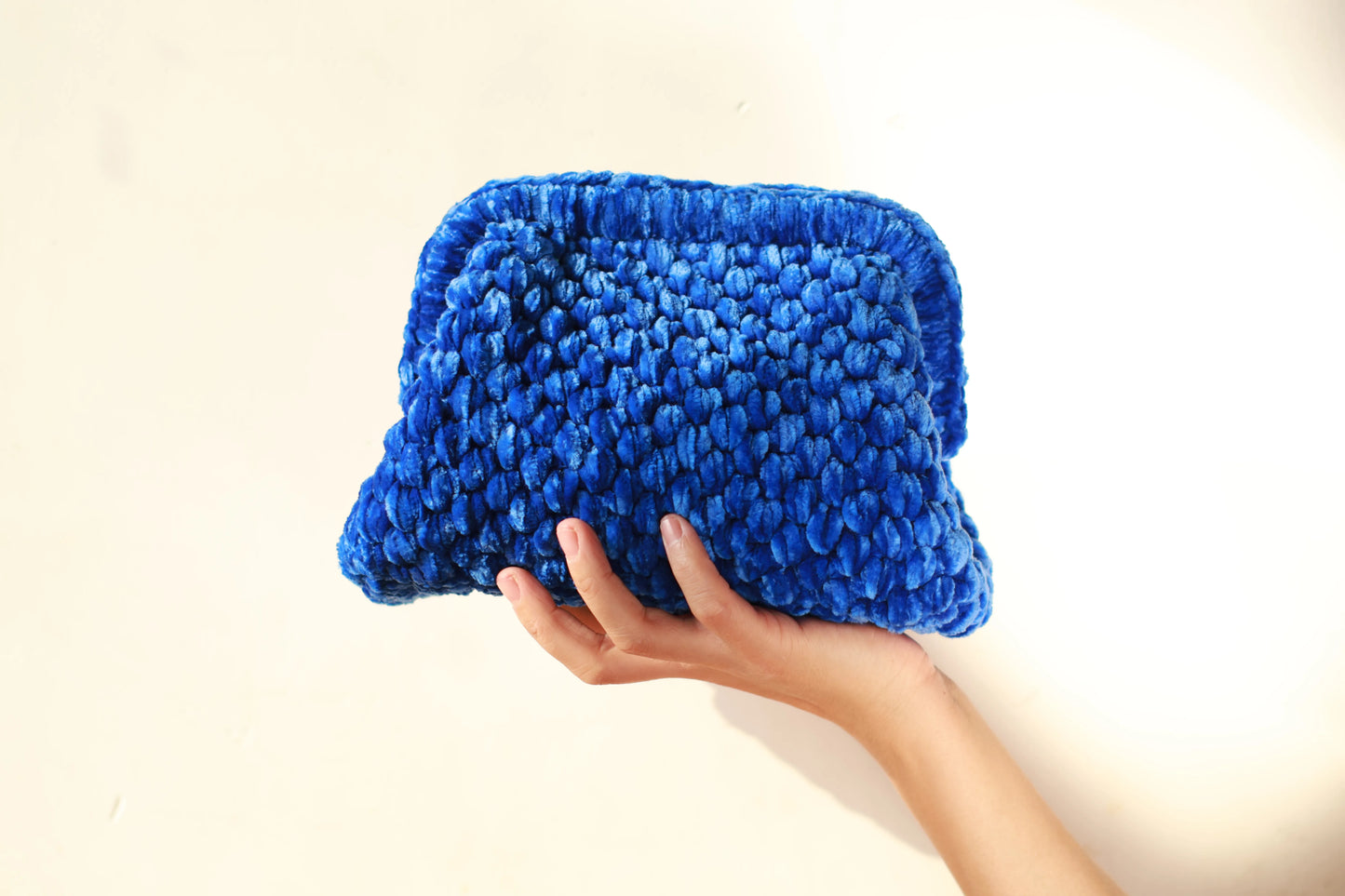 Handmade Velvet Crochet Clutch – Sapphire Blue Elegant Evening Bag | Aunty Woven