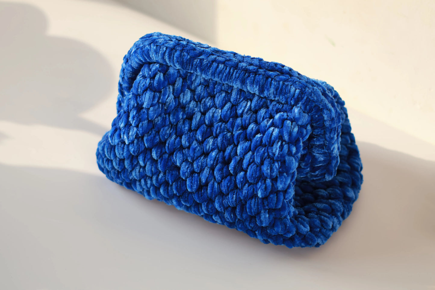 Handmade Velvet Crochet Clutch – Sapphire Blue Elegant Evening Bag | Aunty Woven