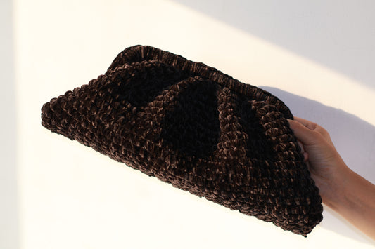 Handmade Velvet Cloud Crochet Clutch – Dark Elegant Evening Bag | Aunty Woven