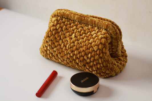 Handmade Velvet Crochet Clutch – Gold Elegant Evening Bag | Aunty Woven