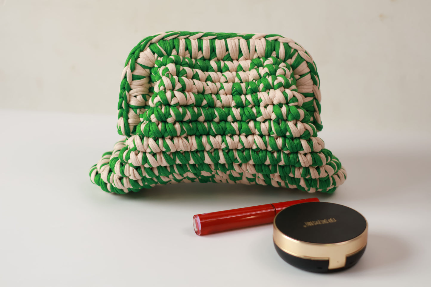 Handmade Two-Tone Crochet Clutch – Pink & Green Evening Bag | Aunty Woven