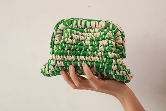 Handmade Two-Tone Crochet Clutch – Pink & Green Evening Bag | Aunty Woven