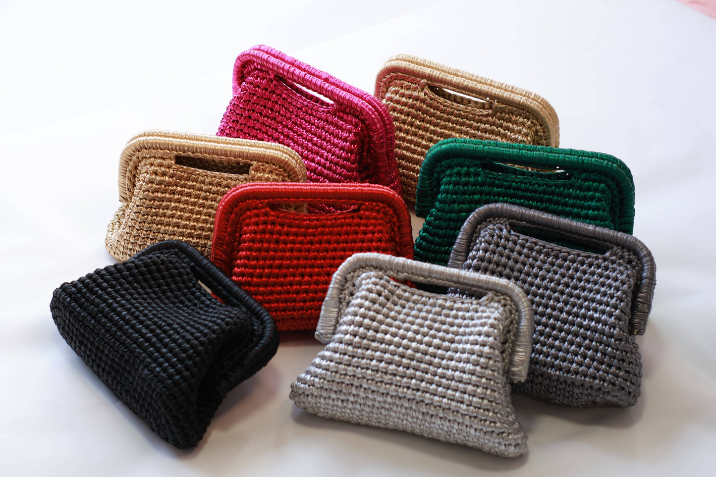 Handmade Mini Crochet Clutch – Silver Metallic Evening Bag | Aunty Woven