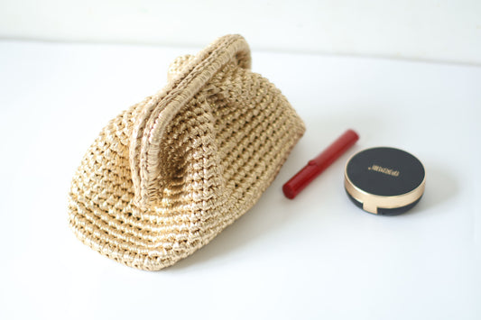 Handmade Cloud Crochet Clutch – Gold Metallic Shine Evening Bag | Aunty Woven