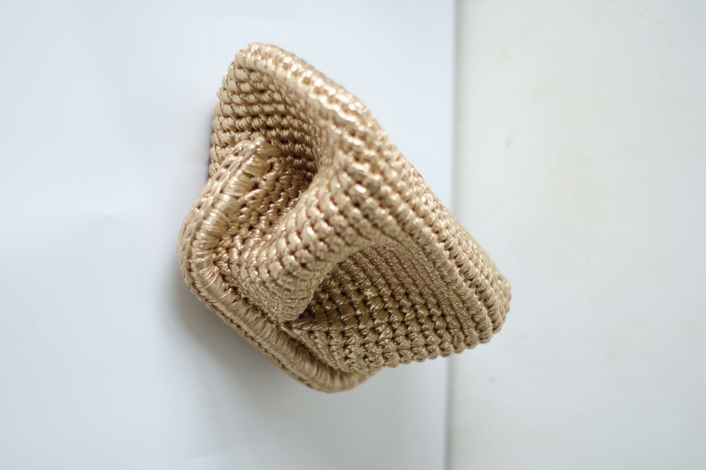 Handmade Cloud Crochet Clutch – Gold Metallic Shine Evening Bag | Aunty Woven