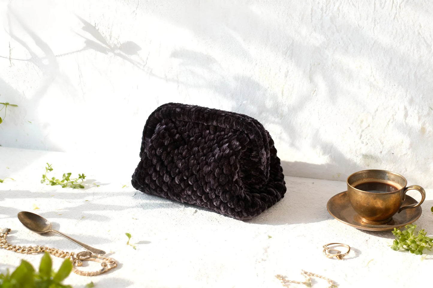 Handmade Velvet Crochet Clutch – Dark Elegant Evening Bag | Aunty Woven