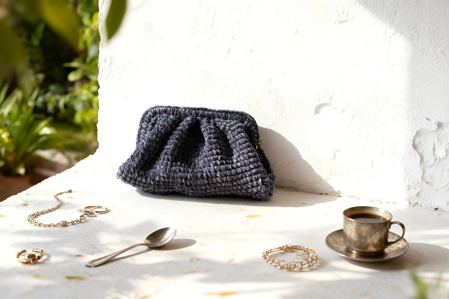 Handmade Velvet Cloud Crochet Clutch – Grey Blue Elegant Evening Bag | Aunty Woven