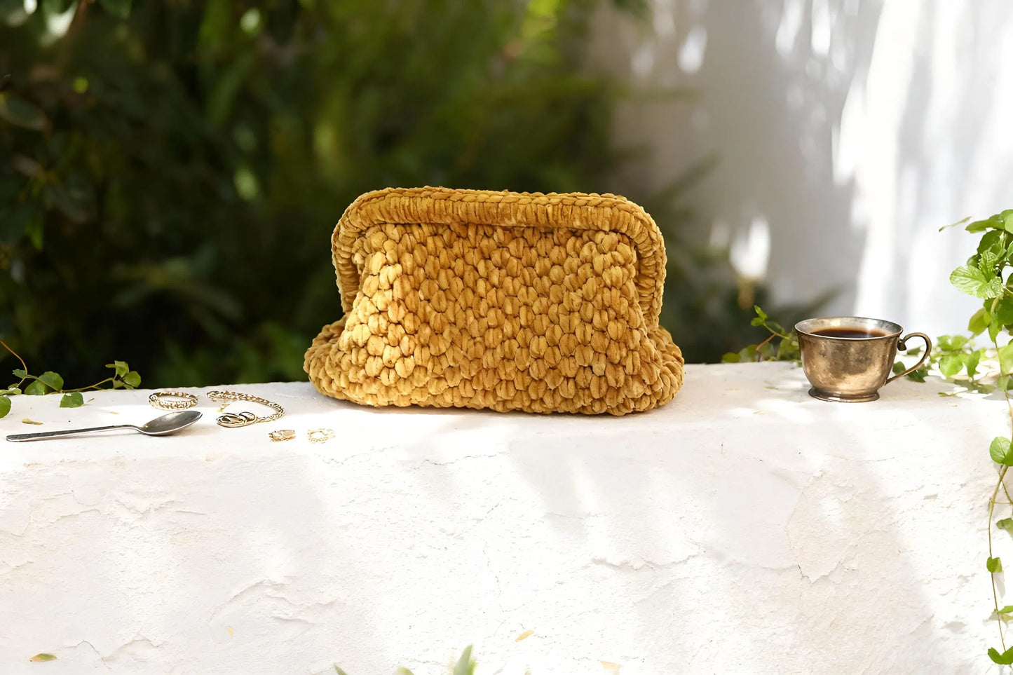 Handmade Velvet Crochet Clutch – Gold Elegant Evening Bag | Aunty Woven
