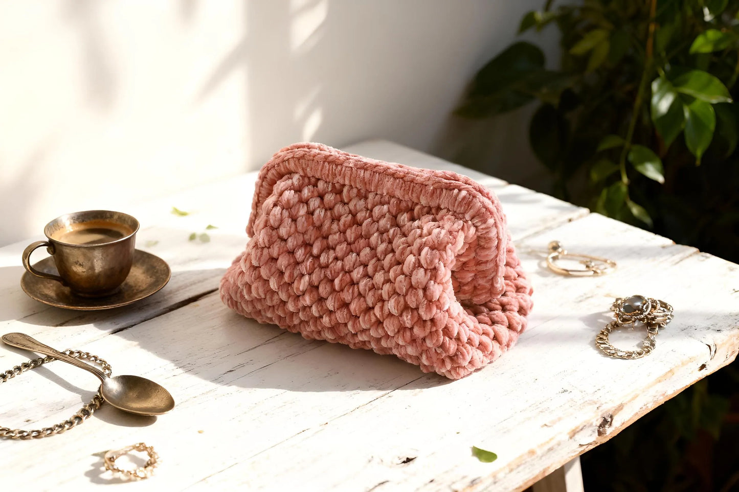 Handmade Velvet Crochet Clutch – Pink Elegant Evening Bag | Aunty Woven