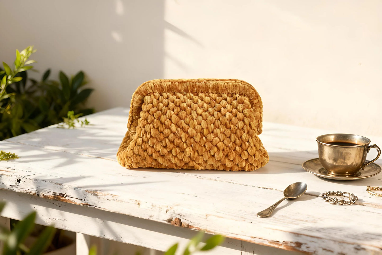 Handmade Velvet Crochet Clutch – Gold Elegant Evening Bag | Aunty Woven