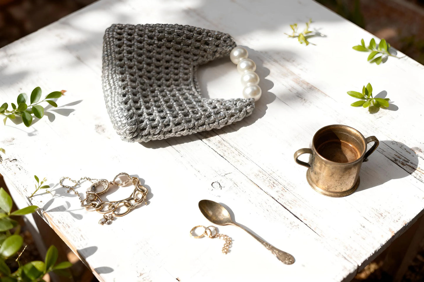 Handmade Vintage Pearl Handle Crochet Clutch – Silver Metallic Yarn Evening Bag | Aunty Woven