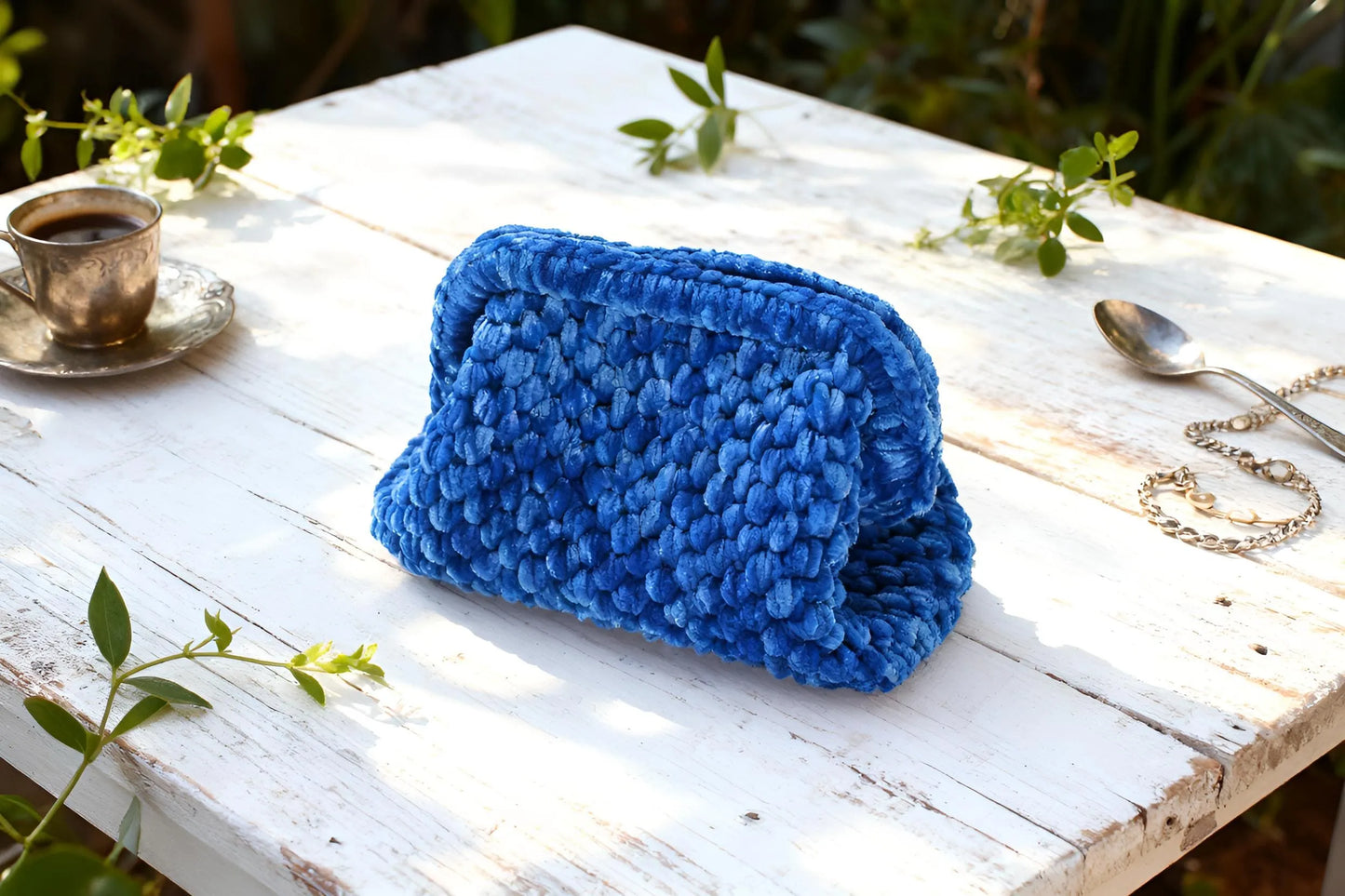 Handmade Velvet Crochet Clutch – Sapphire Blue Elegant Evening Bag | Aunty Woven