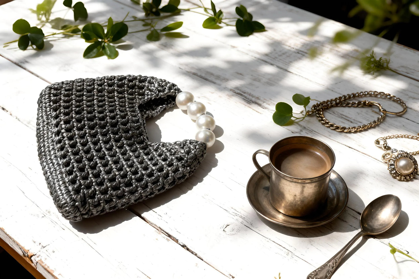 Handmade Vintage Pearl Handle Crochet Clutch – Dark Silver Metallic Yarn Evening Bag | Aunty Woven