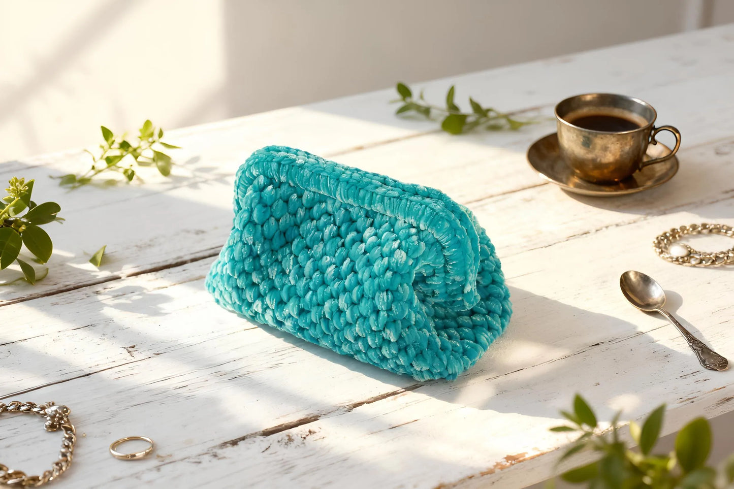 Handmade Velvet Crochet Clutch – Light Blue Elegant Evening Bag | Aunty Woven