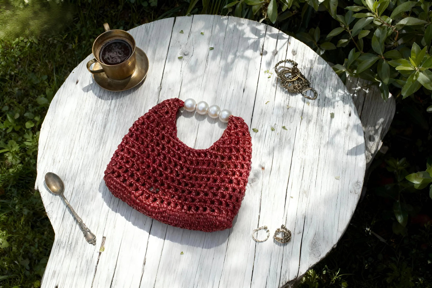 Handmade Vintage Pearl Handle Crochet Clutch – Red Metallic Yarn Evening Bag | Aunty Woven