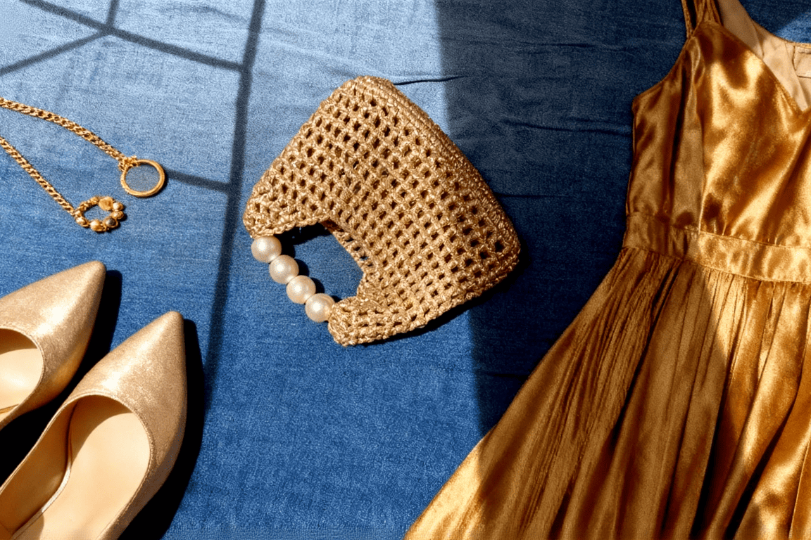 Handmade Vintage Pearl Handle Crochet Clutch – Gold Metallic Yarn Evening Bag | Aunty Woven