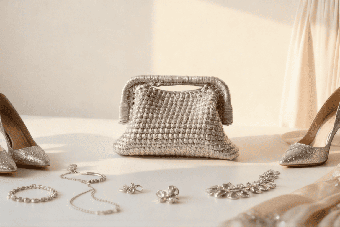 Handmade Mini Crochet Clutch – Silver Metallic Evening Bag | Aunty Woven