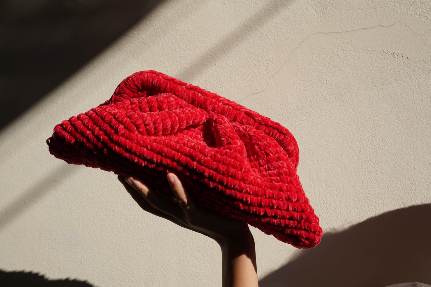 Handmade Velvet Cloud Crochet Clutch – Red Elegant Evening Bag | Aunty Woven