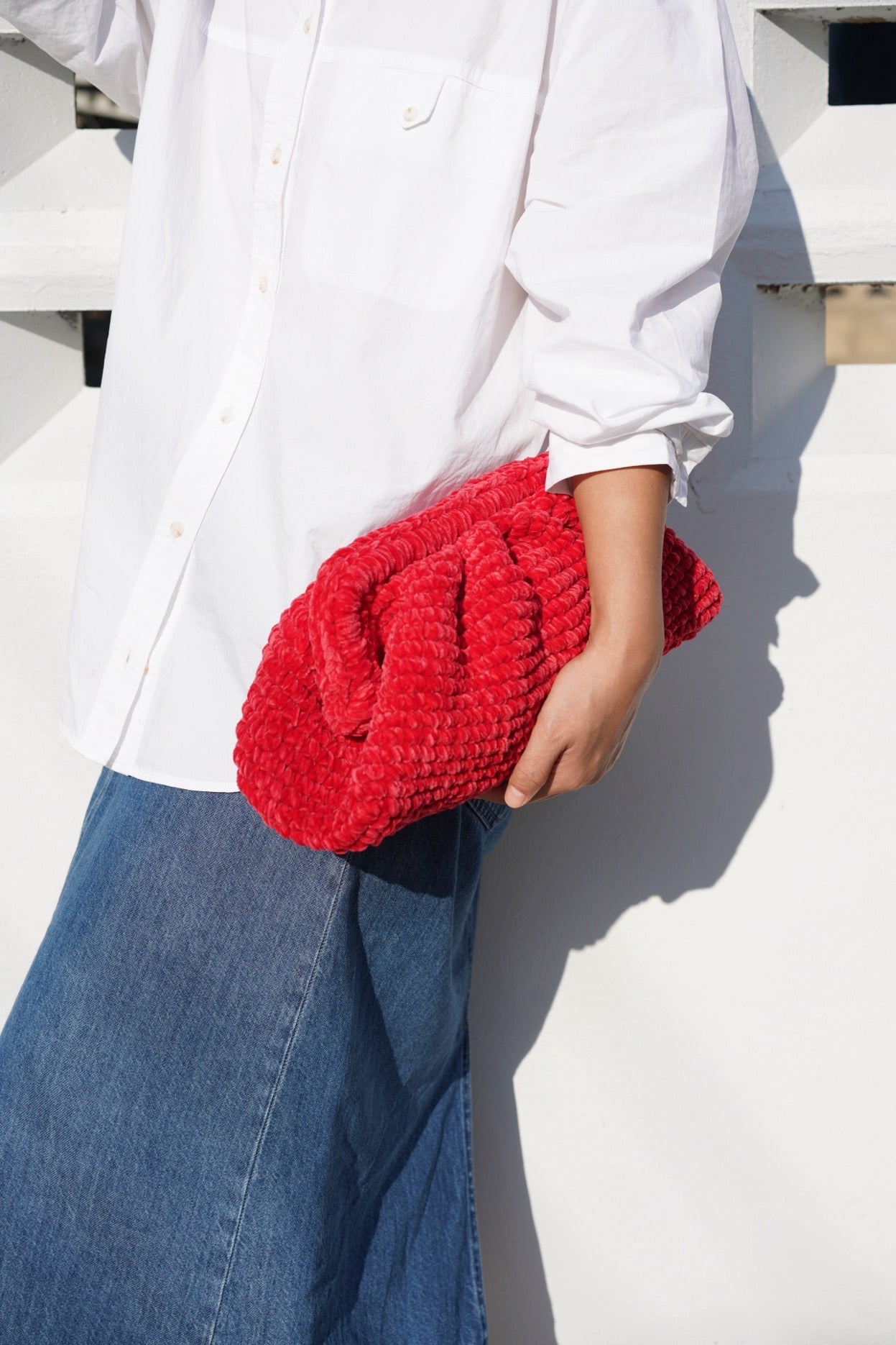 Handmade Velvet Cloud Crochet Clutch – Red Elegant Evening Bag | Aunty Woven
