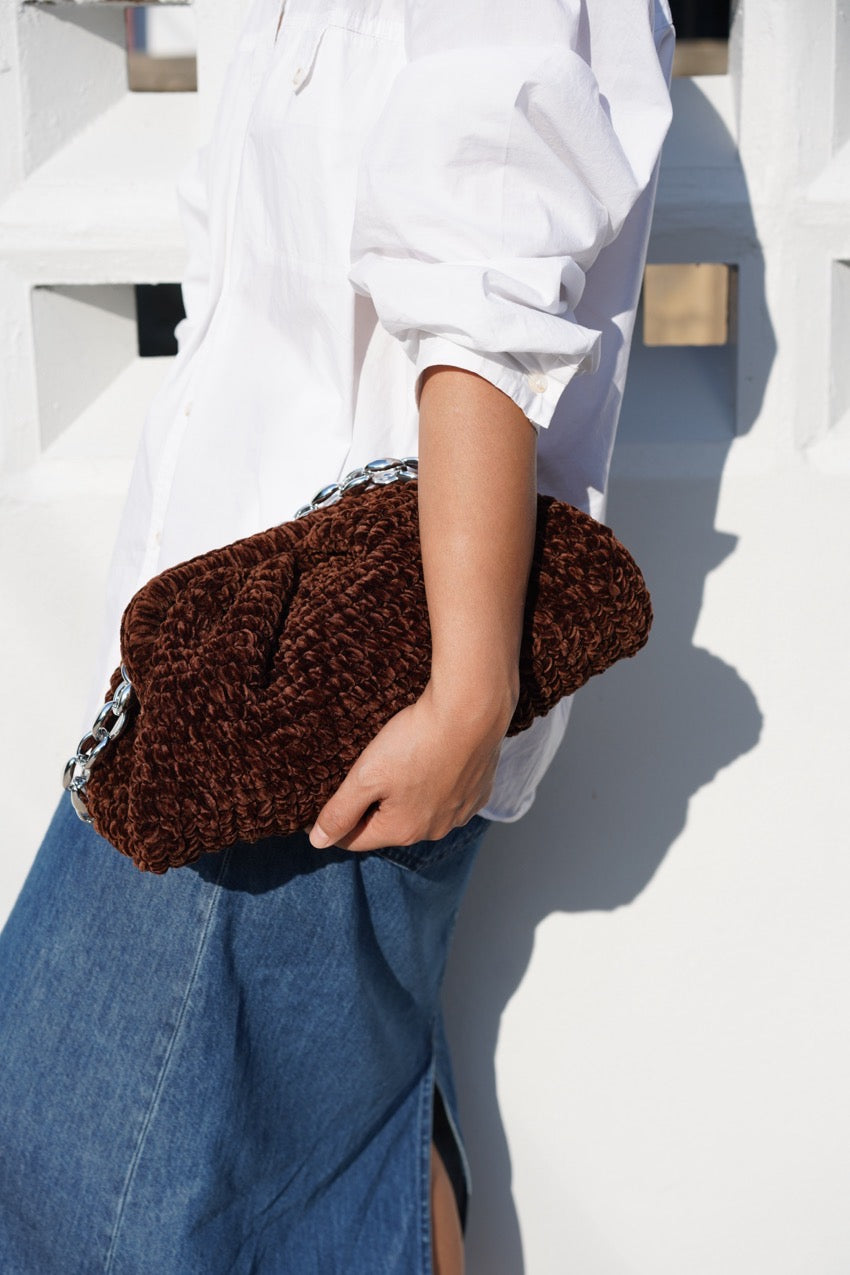Handmade Velvet Cloud Crochet Clutch – Coffee Brown Elegant Evening Bag | Aunty Woven