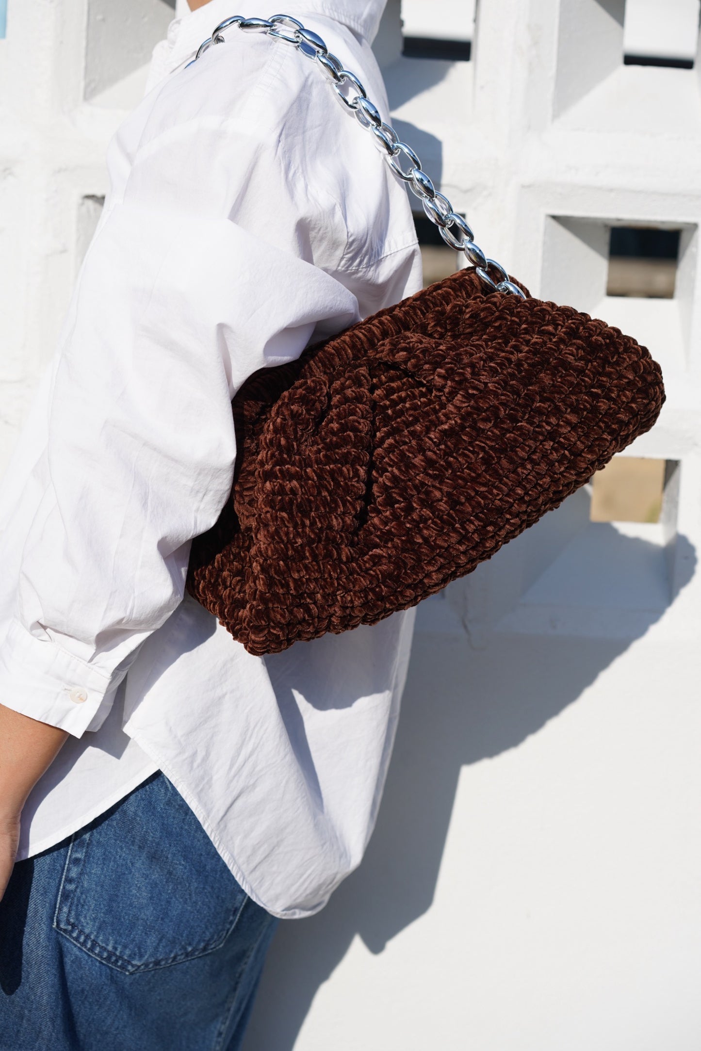 Handmade Velvet Cloud Crochet Clutch – Coffee Brown Elegant Evening Bag | Aunty Woven