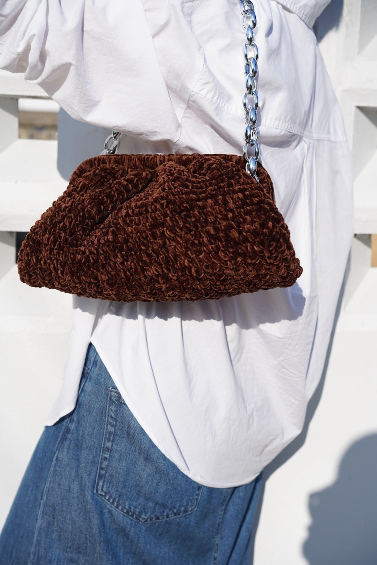 Handmade Velvet Cloud Crochet Clutch – Coffee Brown Elegant Evening Bag | Aunty Woven