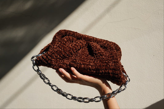 Handmade Velvet Cloud Crochet Clutch – Coffee Brown Elegant Evening Bag | Aunty Woven