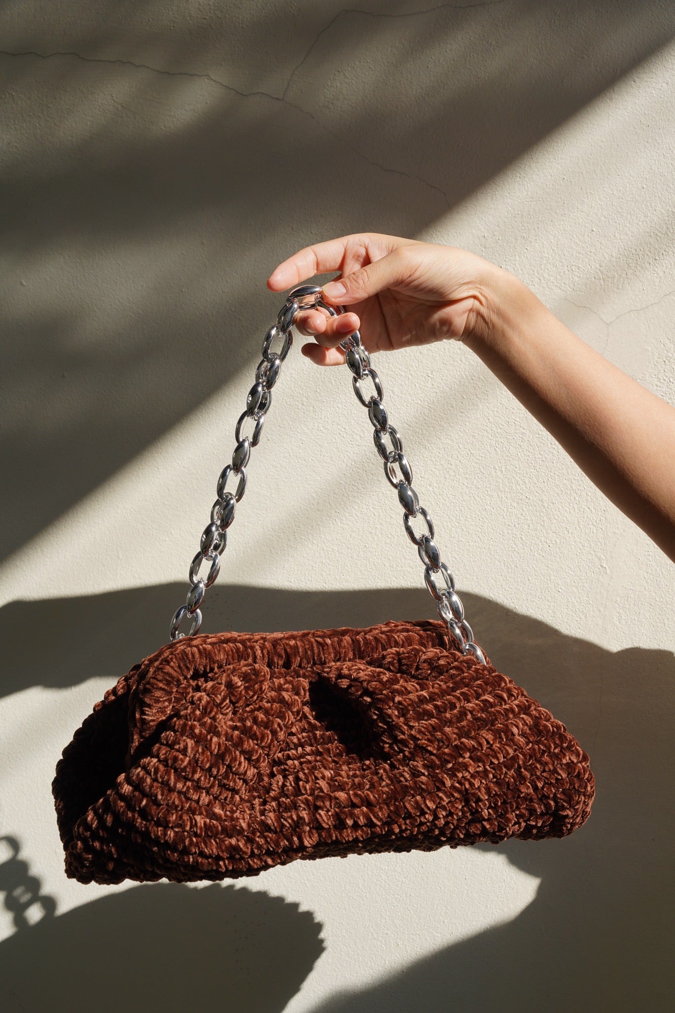 Handmade Velvet Cloud Crochet Clutch – Coffee Brown Elegant Evening Bag | Aunty Woven