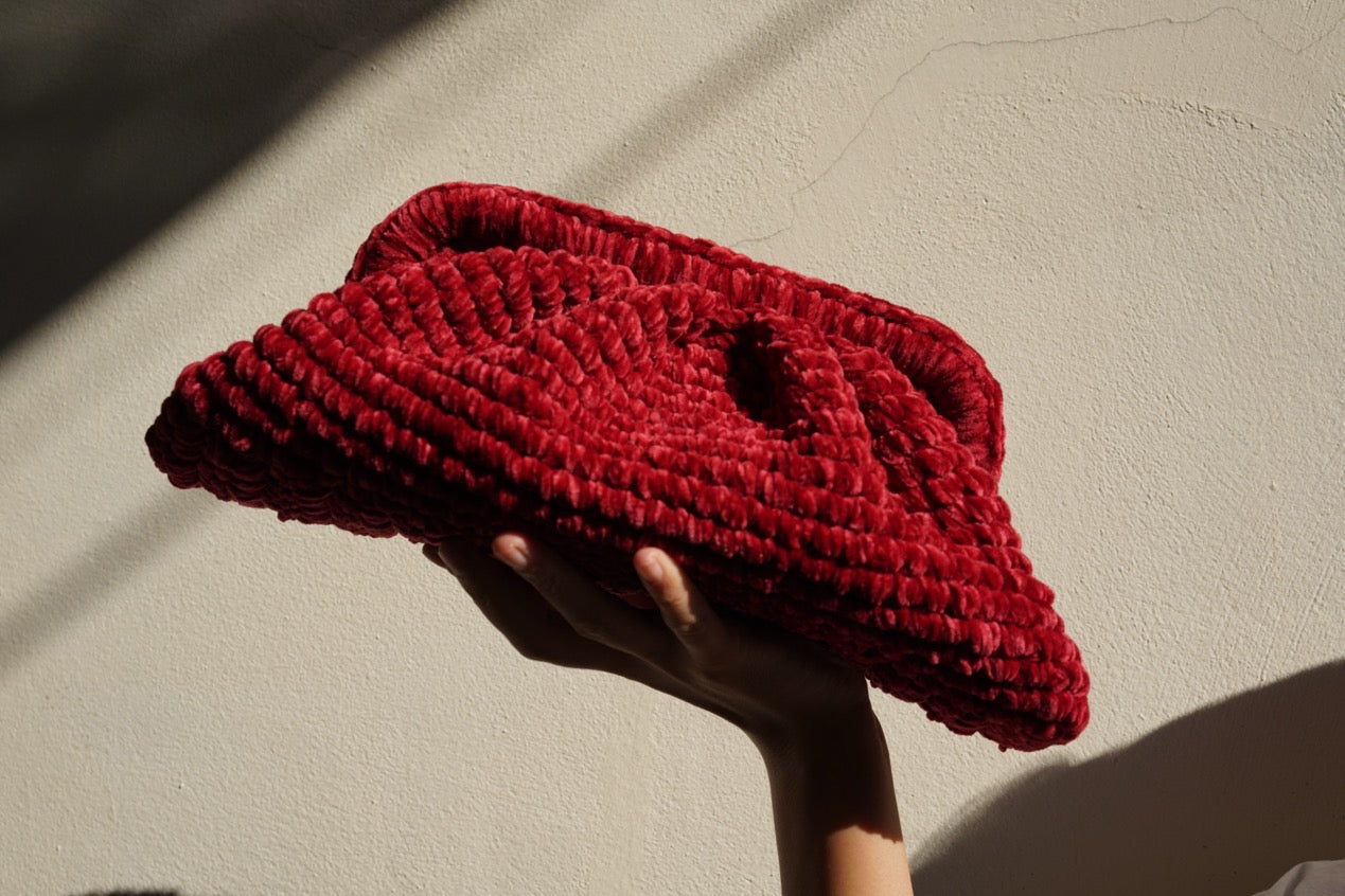 Handmade Velvet Cloud Crochet Clutch – Vintage Red Elegant Evening Bag | Aunty Woven