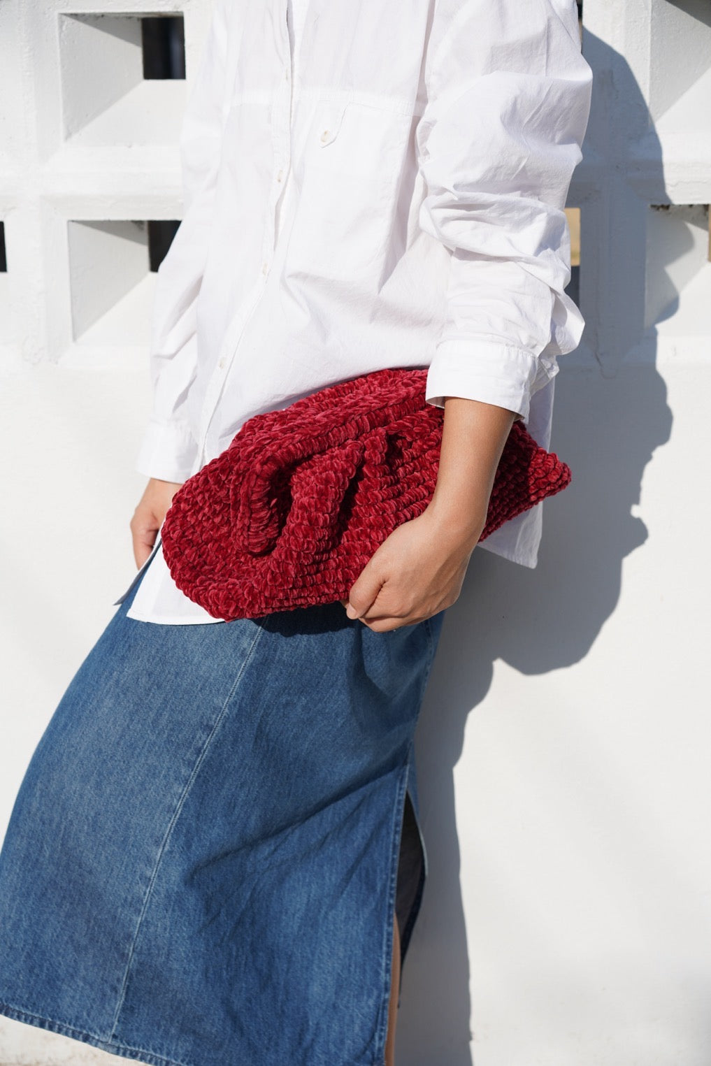 Handmade Velvet Cloud Crochet Clutch – Vintage Red Elegant Evening Bag | Aunty Woven