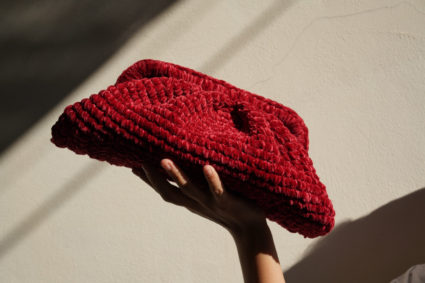 Handmade Velvet Cloud Crochet Clutch – Vintage Red Elegant Evening Bag | Aunty Woven
