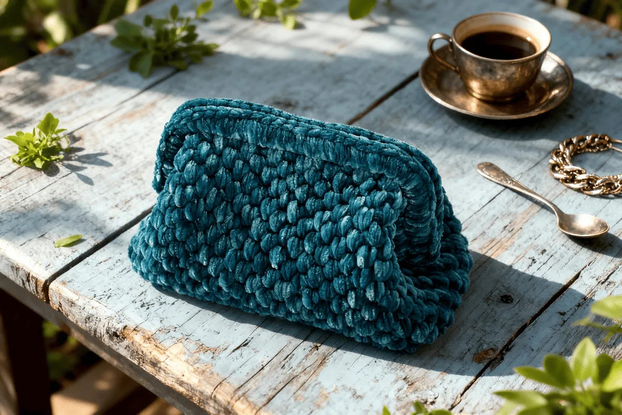 Handmade Velvet Crochet Clutch – Lake Blue Elegant Evening Bag | Aunty Woven