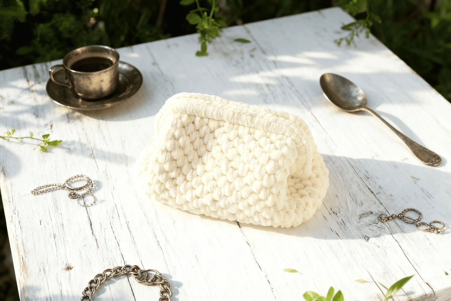 Handmade Velvet Crochet Clutch – White Elegant Evening Bag | Aunty Woven