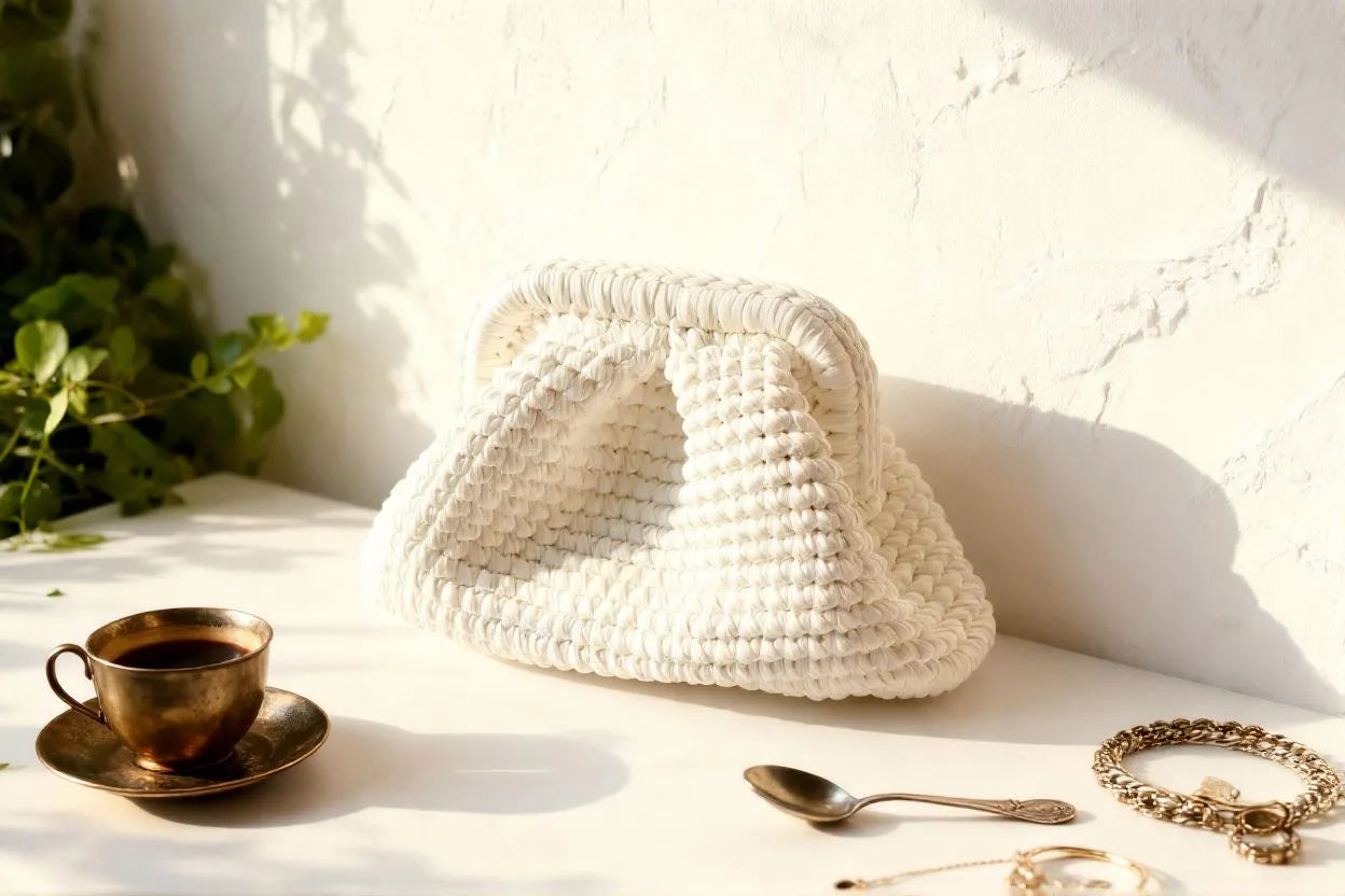 Handmade Cloud Crochet Clutch – White Metallic Shine Evening Bag | Aunty Woven
