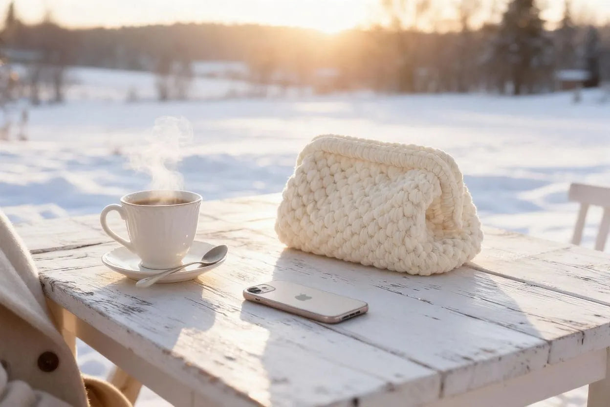 Handmade Velvet Crochet Clutch – White Elegant Evening Bag | Aunty Woven
