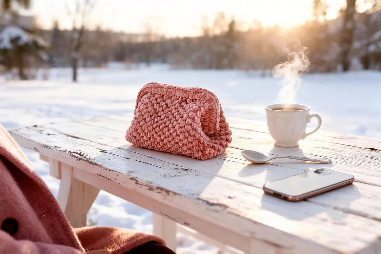 Handmade Velvet Crochet Clutch – Pink Elegant Evening Bag | Aunty Woven