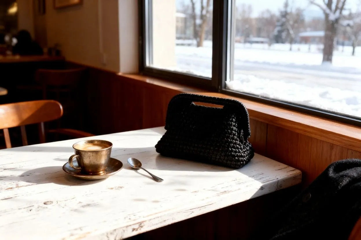 Handmade Mini Crochet Clutch – Black Metallic Evening Bag | Aunty Woven