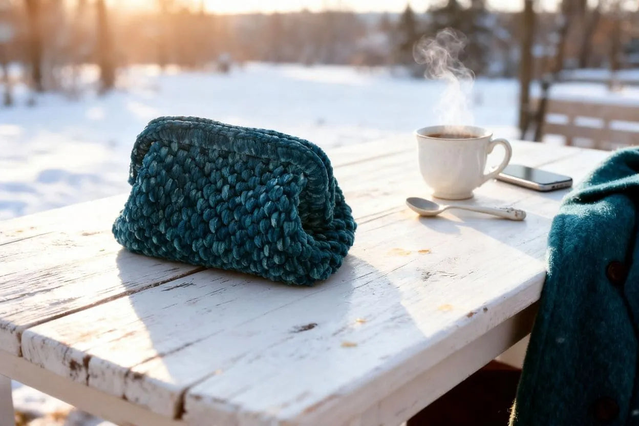 Handmade Velvet Crochet Clutch – Lake Blue Elegant Evening Bag | Aunty Woven