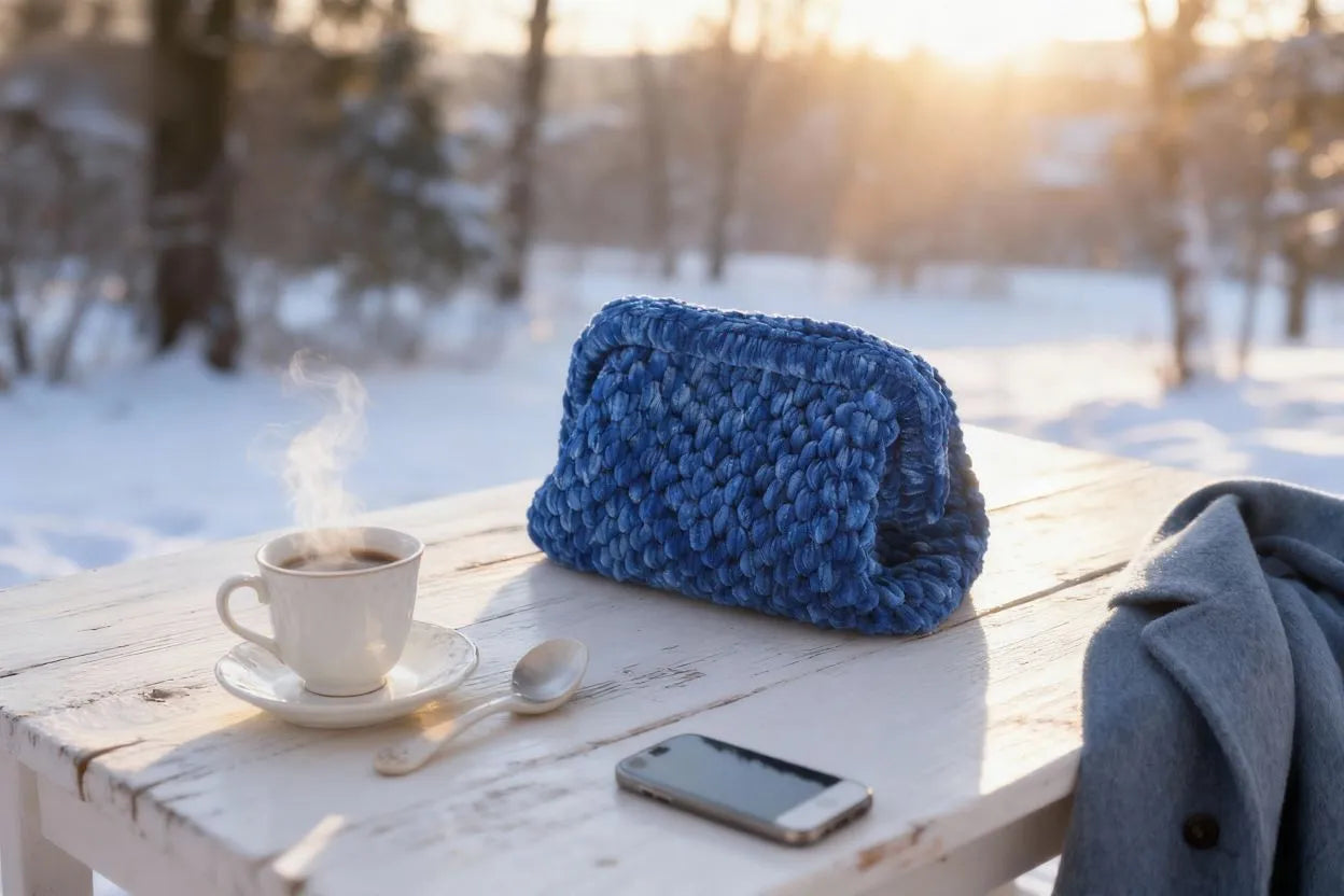 Handmade Velvet Crochet Clutch – Sapphire Blue Elegant Evening Bag | Aunty Woven