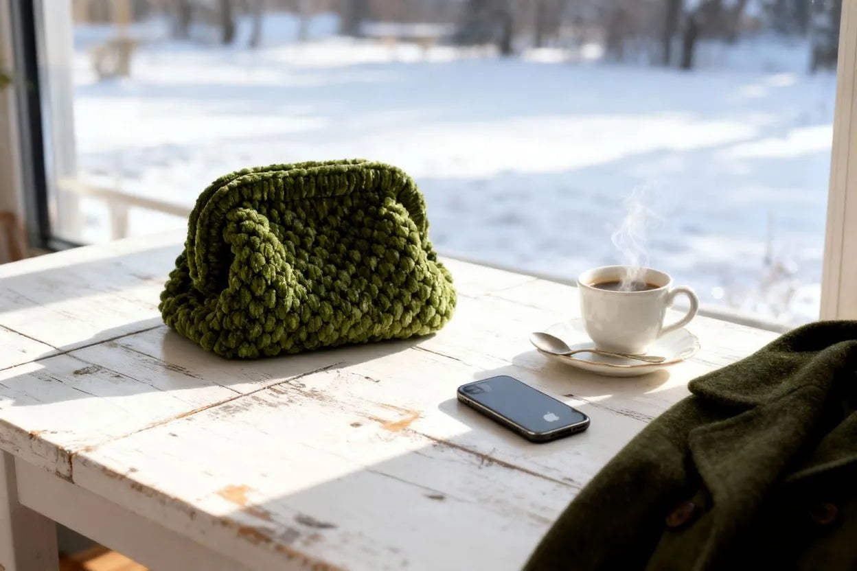 Handmade Velvet Crochet Clutch – Dark Green Elegant Evening Bag | Aunty Woven